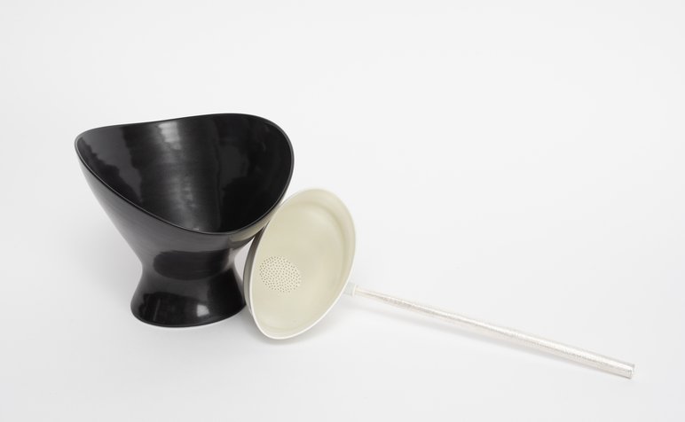 06. Prue Venables, Yellow and white sieve with silver handle and black oval stemmed bowl, 2021. Photo_ Ian Hill. Image courtesy the artist. (1)
