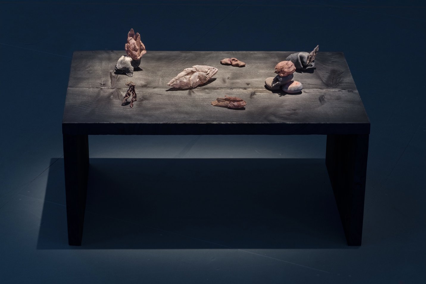 1_Michaela Pegum_’Bodies, blooms’ 2022_silk, copper, silver, shibuichi, bamboo, terracotta, wood ash, Yakisugi cedar table - Japanese cedar, Himalayan cedar, 950 x 430 x 600 mm_photo Matthew Stanton